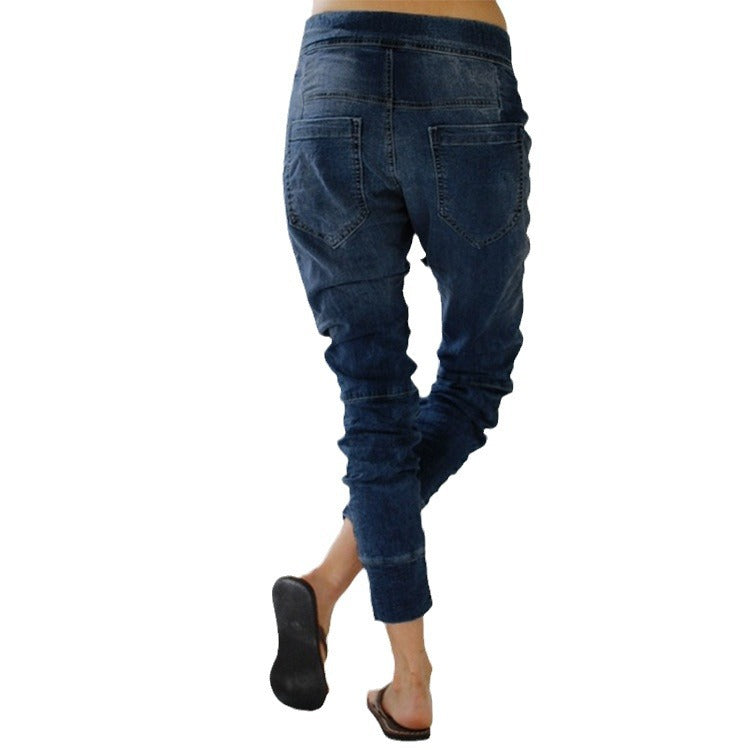 Damen bequeme Denim-Haremshose mit elastischem Bund und lässigem Schnitt WW