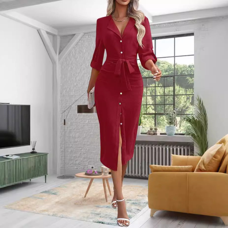 Damen knielanges Hemdblusenkleid mit Gürtel und modernem Revers WW