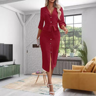 Damen knielanges Hemdblusenkleid mit Gürtel und modernem Revers WW