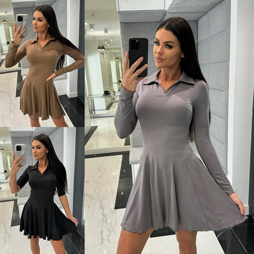 Damen A-Linien Kleid mit Polo-Kragen und schwingendem Rock WW