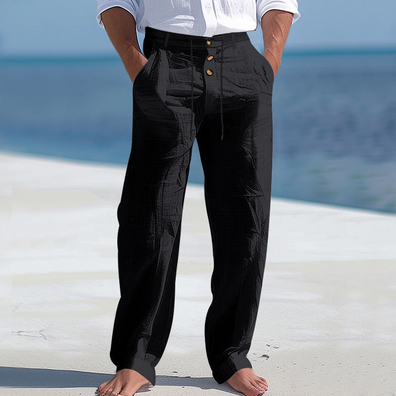 Herren lässige Leinenhose mit hohem Bund und bequemen Taschen WW