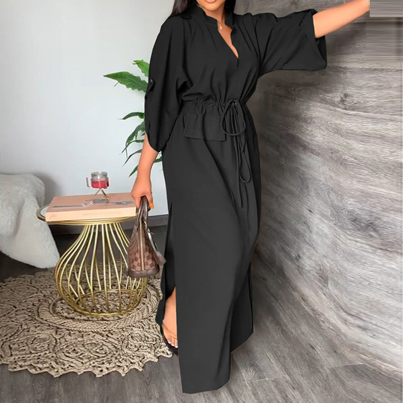 Damen Elegantes Maxikleid mit taillierbarem Gürtel und weit geschnittenen Ärmeln WW
