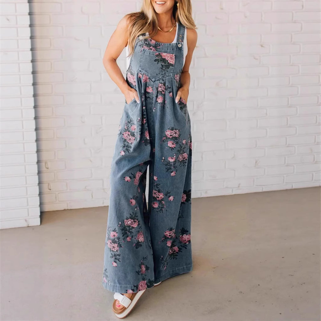 Damen lässiger Jeansoverall mit floralen Details und praktischen Taschen WW