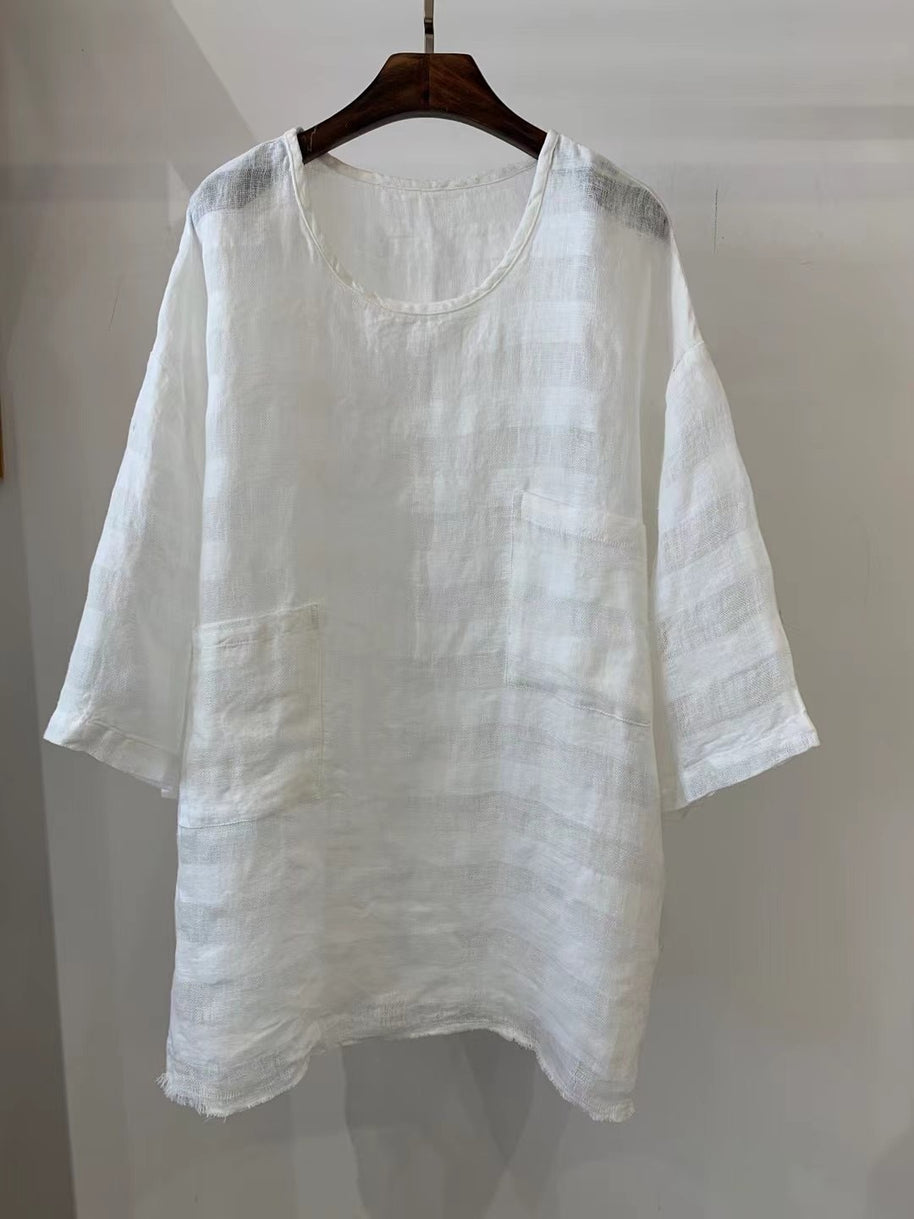 Damen Relaxed Fit Leinen Tunika mit aufgesetzten Taschen WW