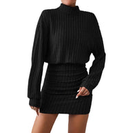 Damen Strickkleid mit hohem Kragen und Rippstruktur WW