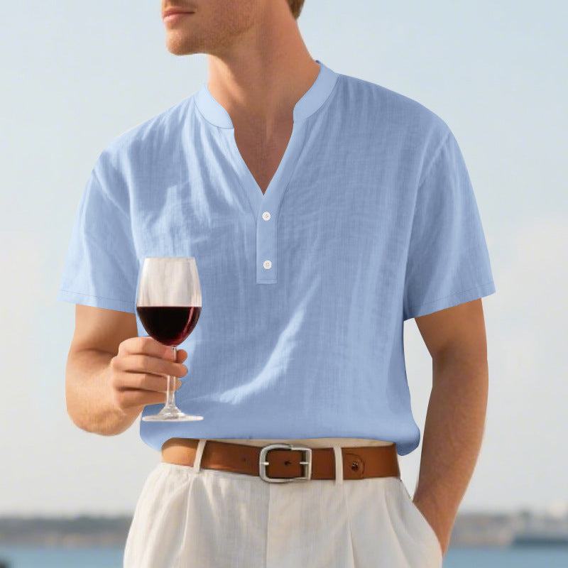 Herren nan sommerliches Nehru-Hemd aus Leinenmix mit kurzer Knopfleiste W&W Mode