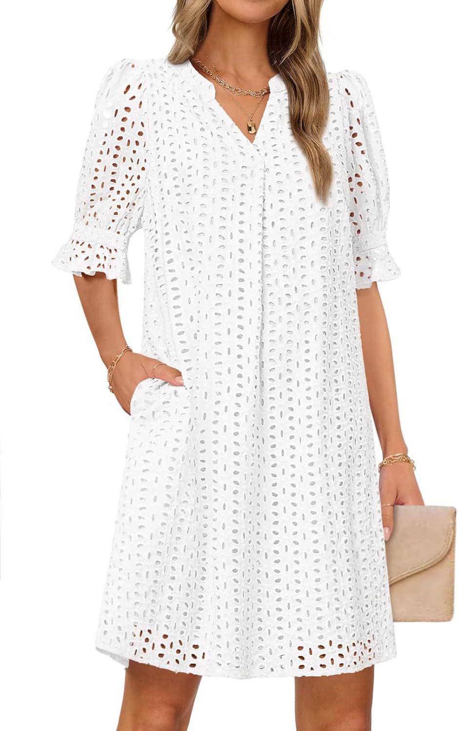 Damen luftiges Sommerkleid mit romantischem Lochmuster und praktischen Taschen W&W Mode