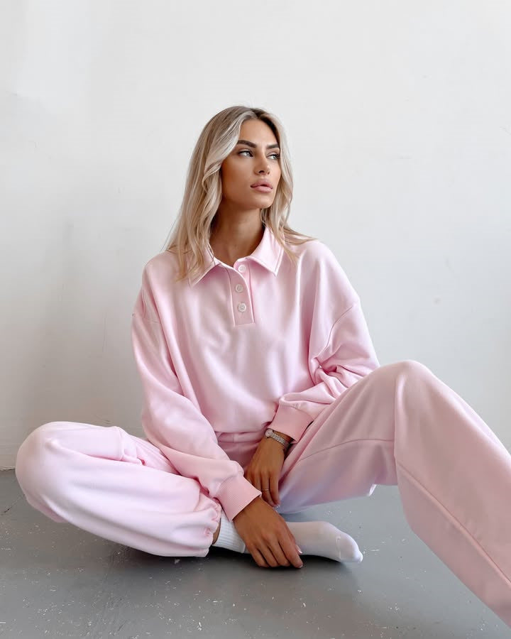 Damen sportliches Fleece-Set mit weiten Hosen und Polokragen WW