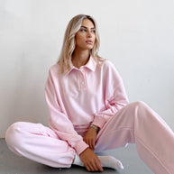 Damen sportliches Fleece-Set mit weiten Hosen und Polokragen WW