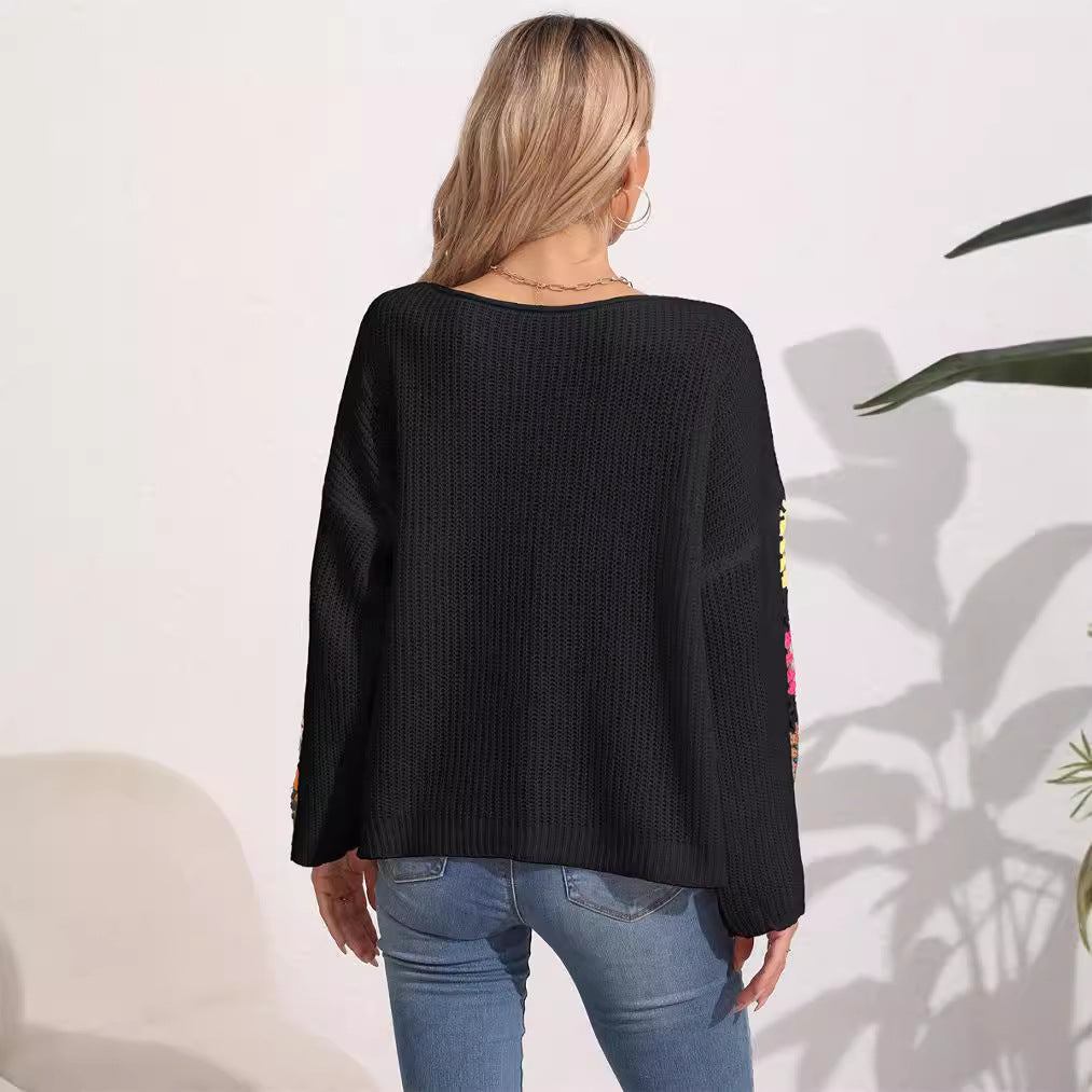Damen eleganter Pullover mit bunten Häkelapplikationen an den Ärmeln WW