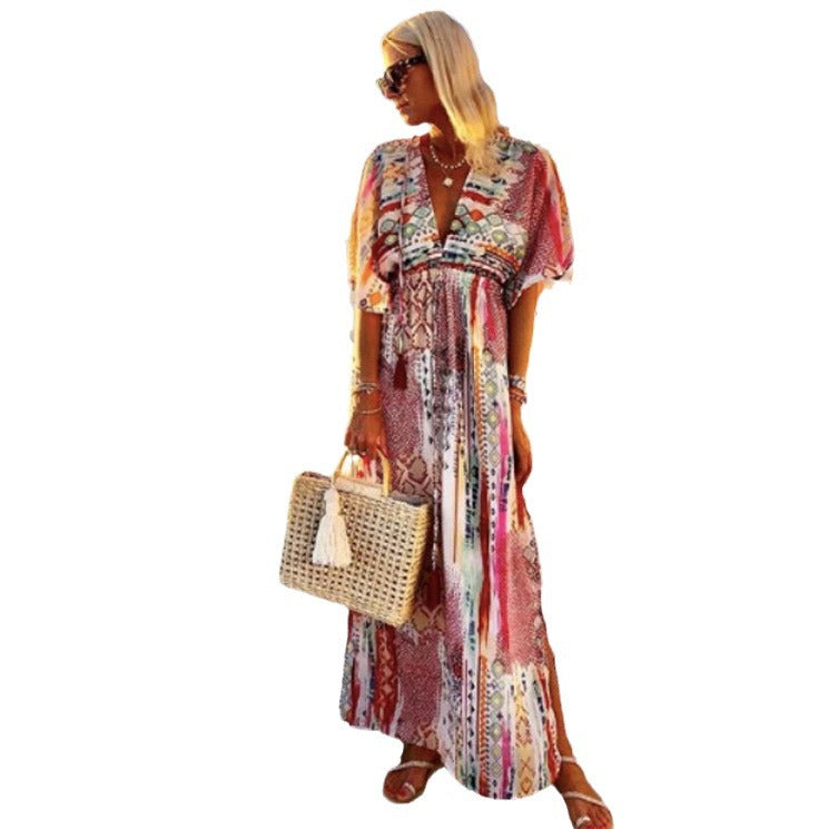Damen Maxikleid mit elegantem V-Ausschnitt und floralem Mustermix WW
