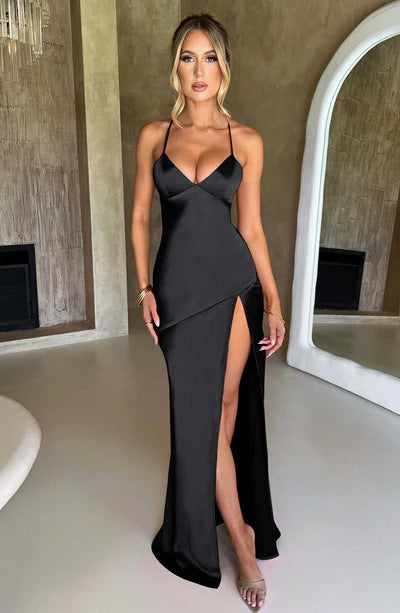 Damen Elegantes Maxi-Kleid mit tiefem Schlitz und schmalen Spaghetti-Trägern WW