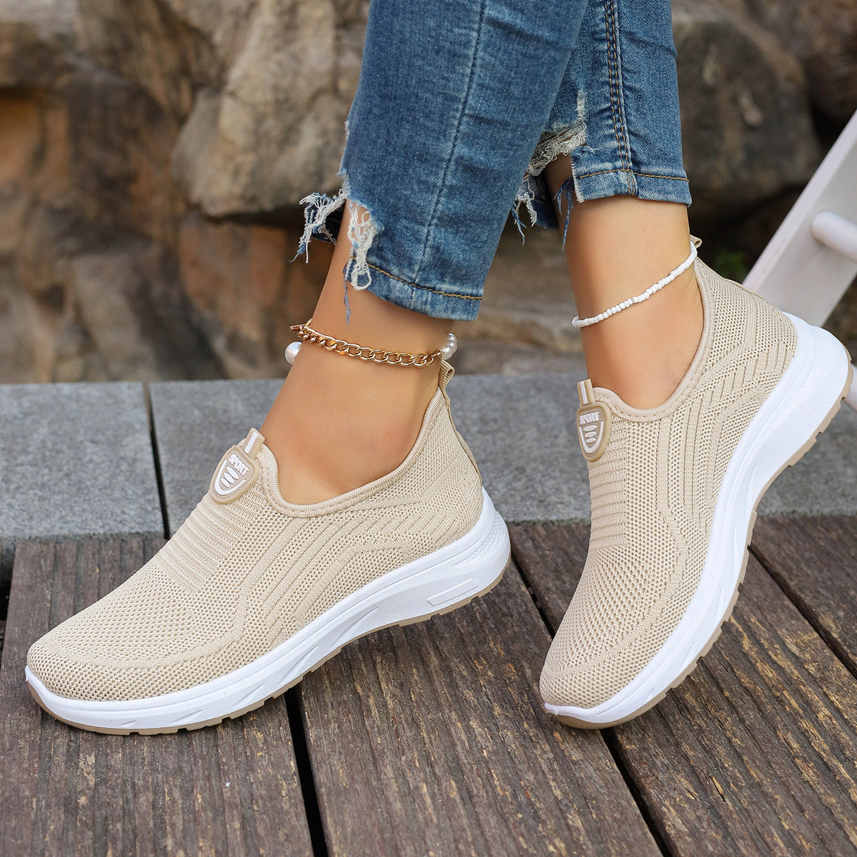 Damen Leichte Slip-On Sport Sneakers mit atmungsaktivem Strickobermaterial WW