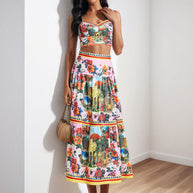 Damen Zweiteiliges Sommeroutfit mit floralem Bustier und schwingendem Rock WW