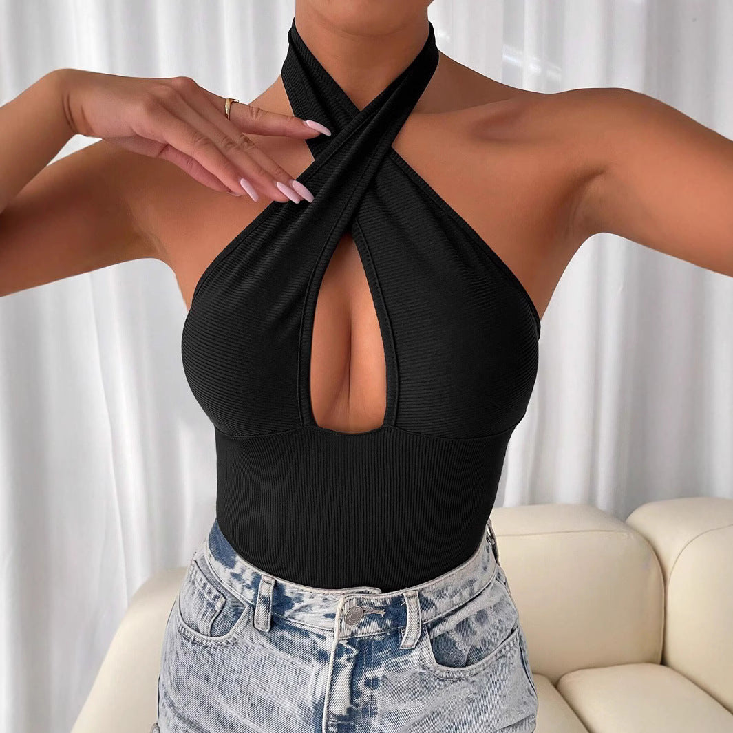 WW | Cross Hollow Out Halter Bodysuit