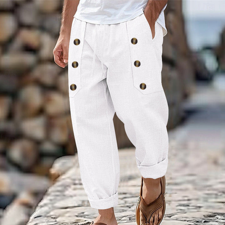 Herren lässige Leinen-Cargo-Hose mit praktischen Knöpfen und seitlichen Taschen W&W Mode