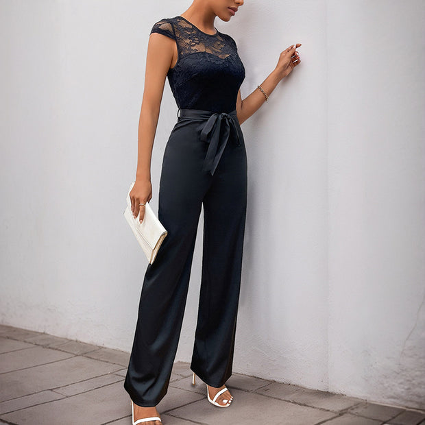 Damen Jumpsuit mit elegantem Spitzenoberteil und taillierbarem Gürtel WW