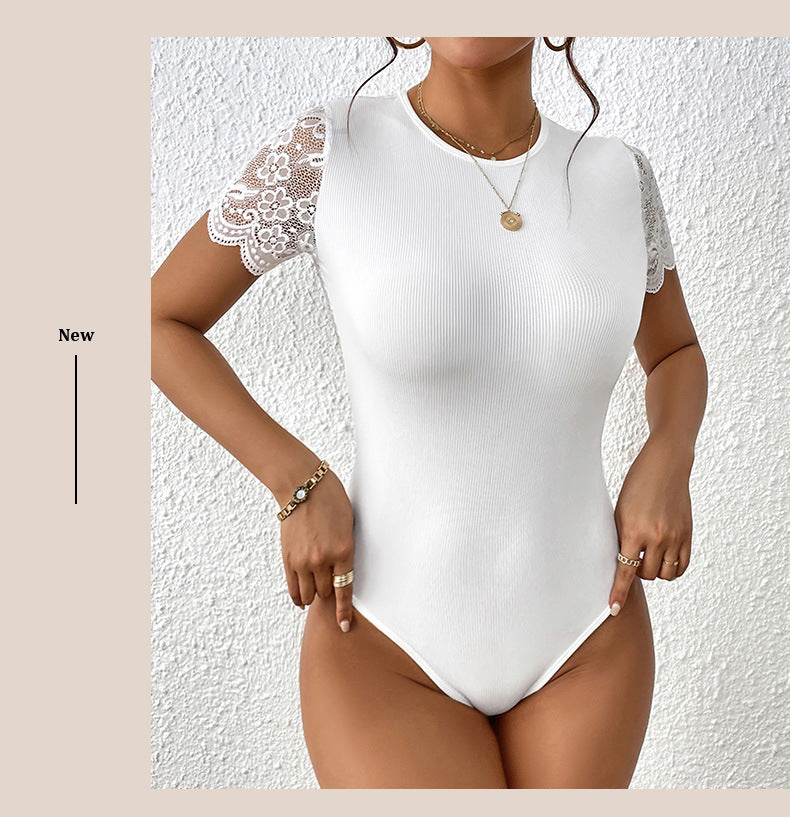 Damen Spitzen-Bodysuit mit kurzen Ärmeln und elegantem Rippdesign WW