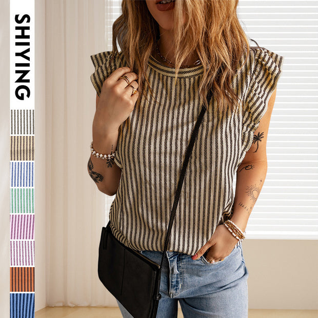 Damen Oberteil mit Rüschendetails und gestreiftem Muster WW