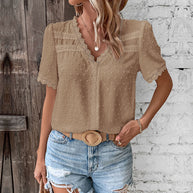 Damen Kurzarmbluse mit Spitzenbesatz und strukturiertem Design WW