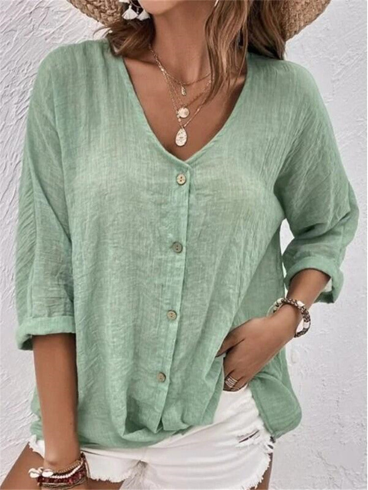 Damen lässige Bluse mit Knopfleiste und V-Ausschnitt WW