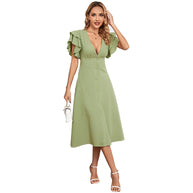 Damen Midikleid mit voluminösen Rüschendetails und tiefem V-Ausschnitt W&W