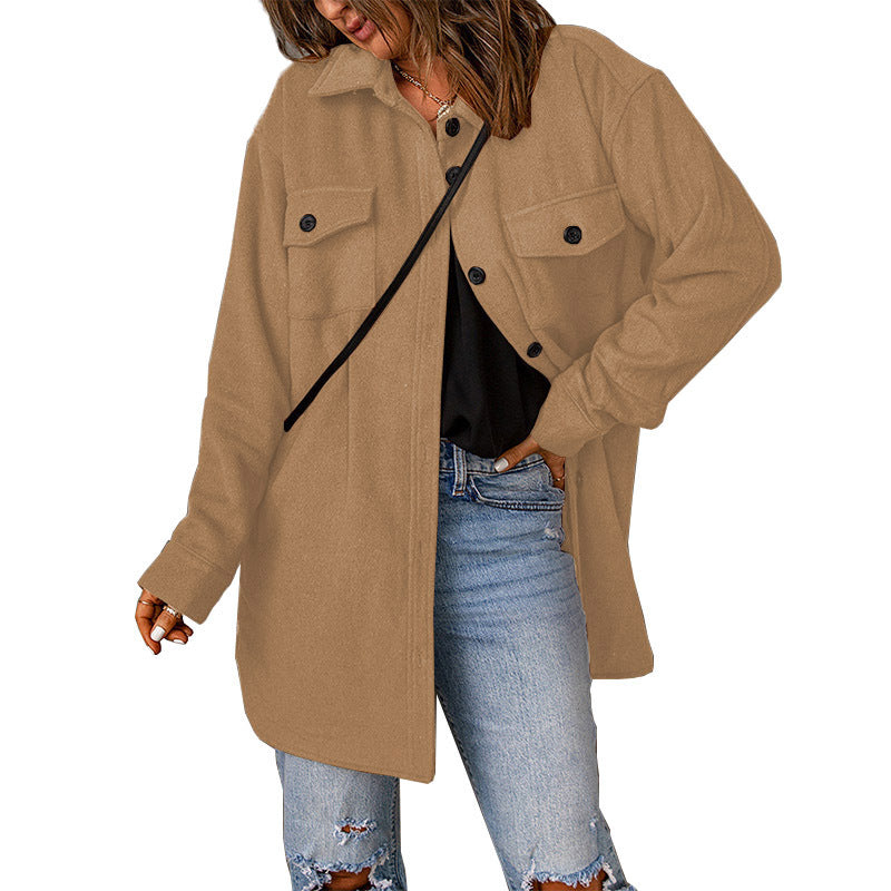 Damen Übergröße Langarm-Hemdjacke mit funktionalen aufgesetzten Taschen und lässigem Schnitt WW
