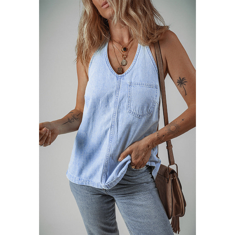 Damen ärmelloses Denim-Top mit praktischem Brusttaschen WW