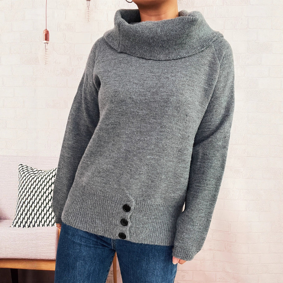 Damen Pullover mit weichem Kragen und dekorativen Knöpfen WW