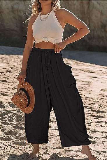 Damen lässige weit geschnittene Leinenhose mit praktischen Taschen und elastischem Bund WW