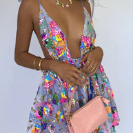 WW | Regenbogen Pailletten Offene Rücken Slip Mini Kleid