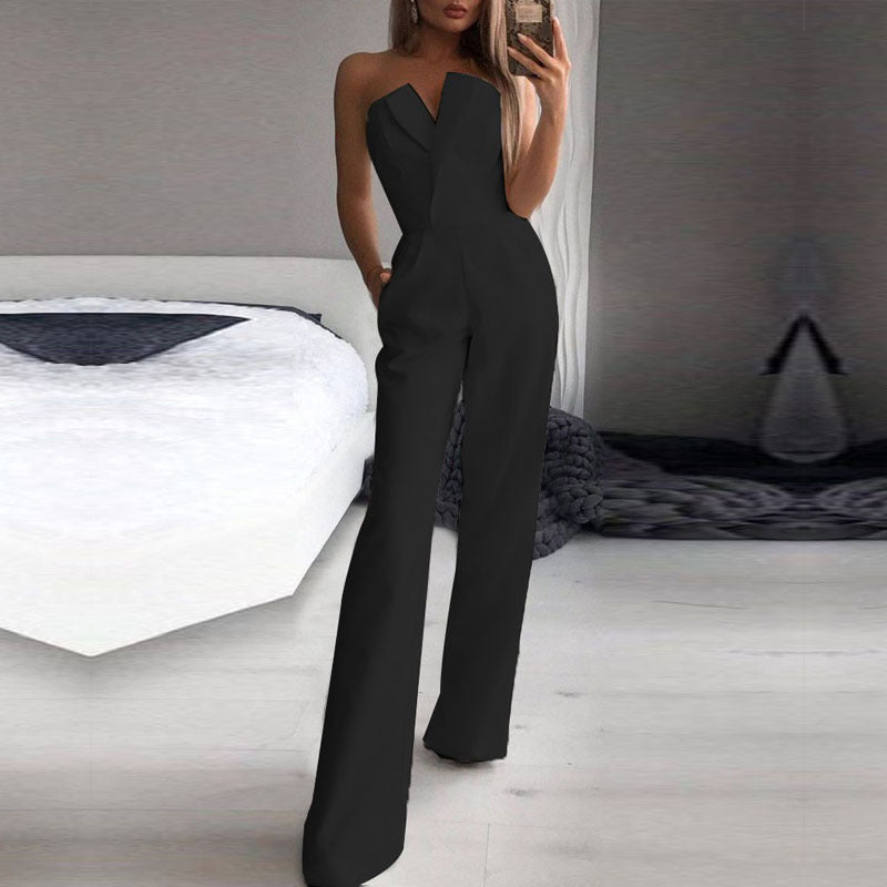 Damen Jumpsuit mit asymmetrischem Revers, taillierter Passform und weitem Bein