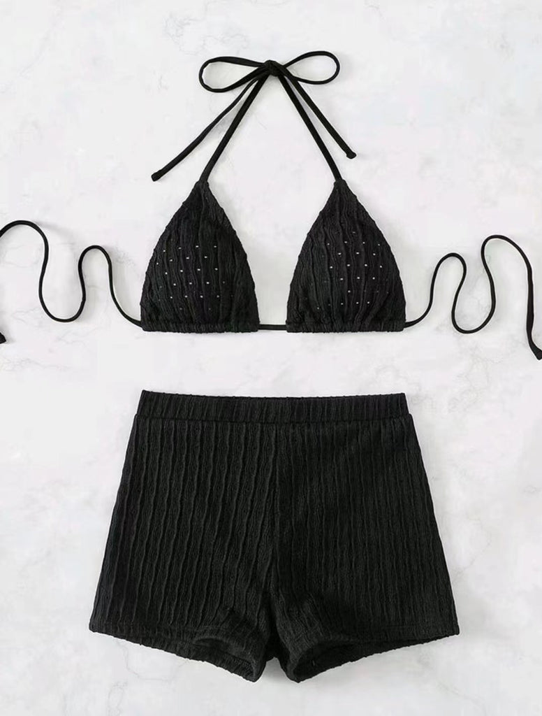 Damen Ripp Triangle Bikini Set mit High-Waisted Shorts WW