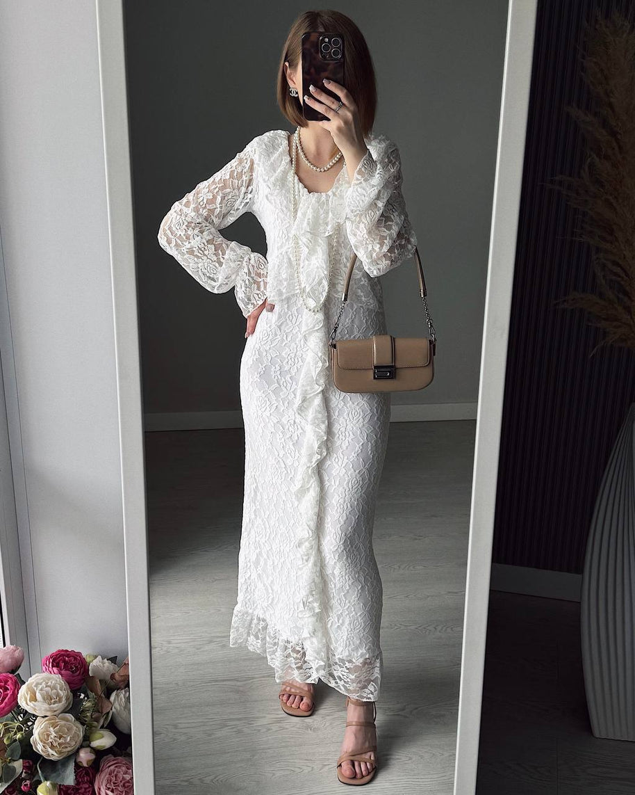 Damen Spitzen-Maxikleid mit Rüschendetails WW