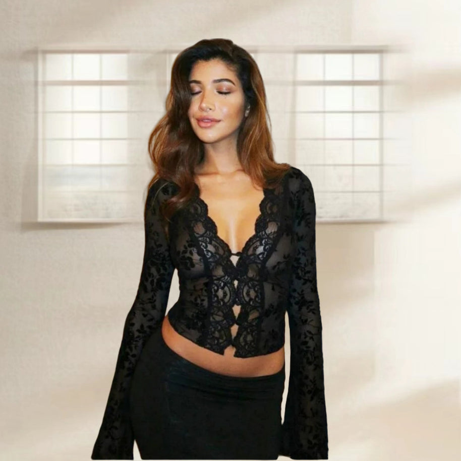 Damen Spitzenbluse mit Leopardmuster und romantischen Rüschen WW