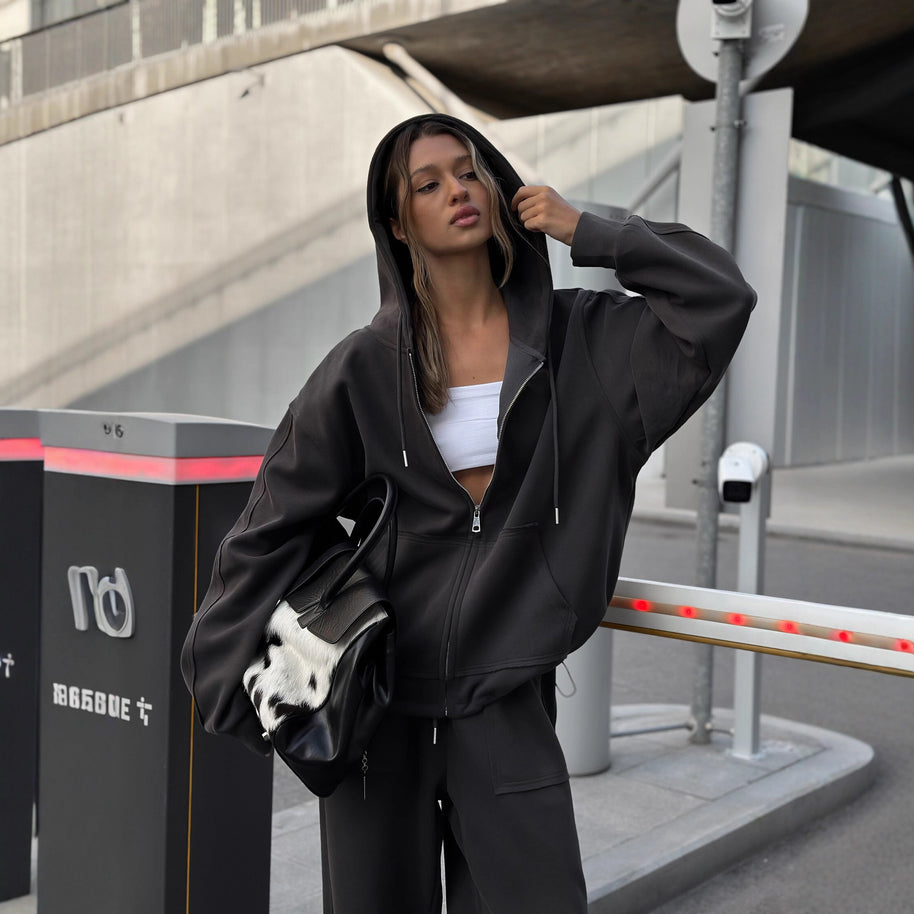 Damen bequeme und lässige Kapuzenjacke mit weitem Schnitt und passenden Jogginghosen WW