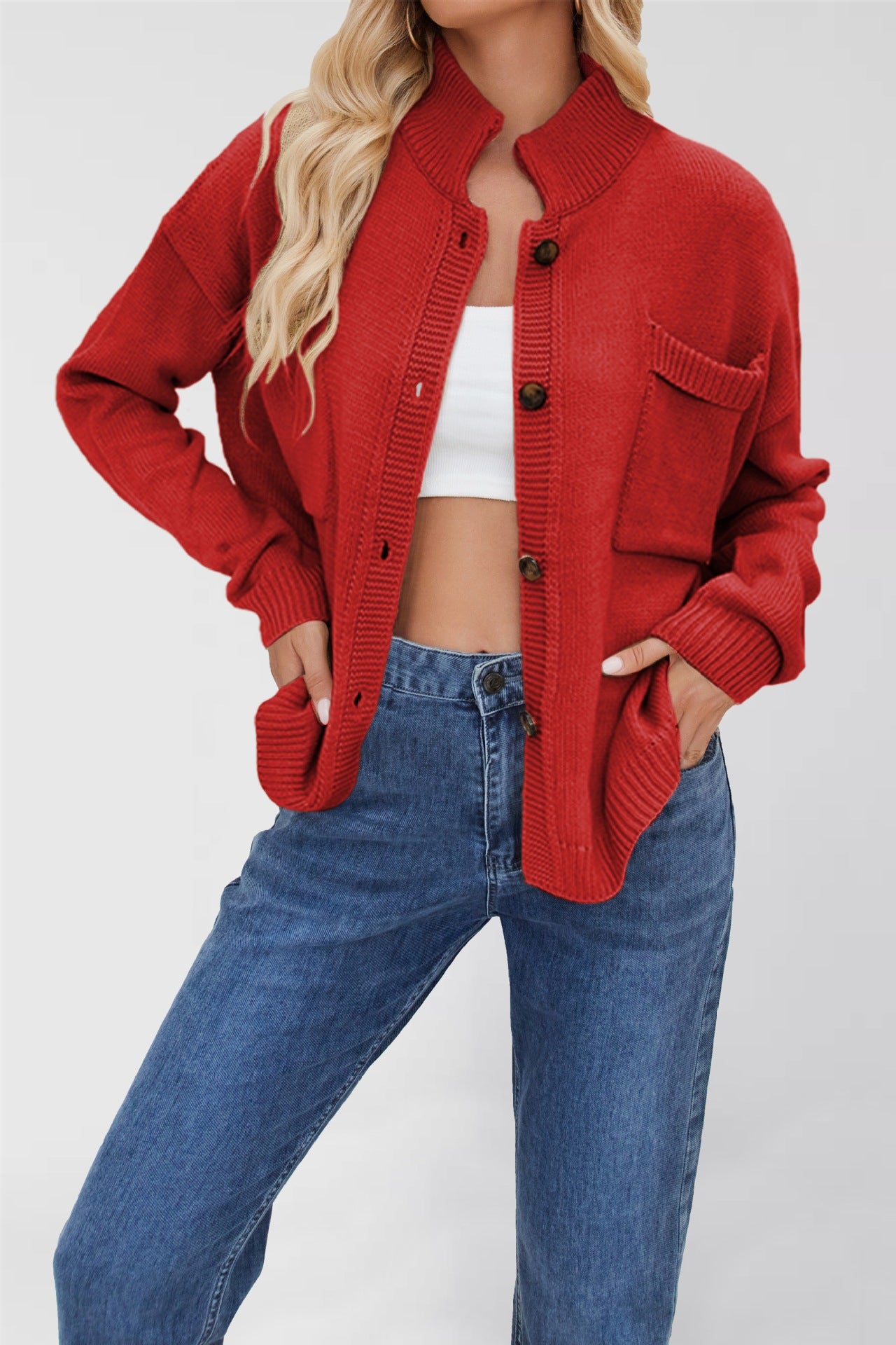 Damen Strickjacke mit Stehkragen und aufgesetzter Tasche WW