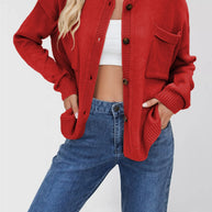 Damen Strickjacke mit Stehkragen und aufgesetzter Tasche WW