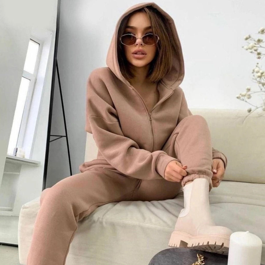 Damen bequemer Fleece-Jumpsuit mit Kapuze und seitlichem Reißverschluss WW