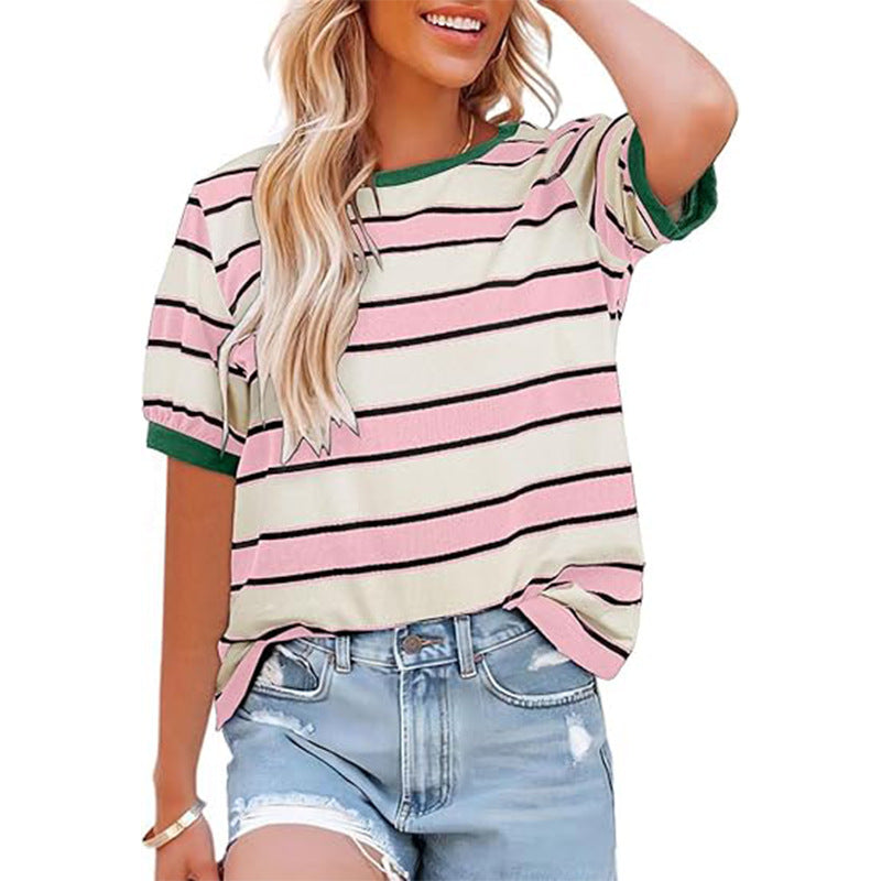 Damen lässiges Streifen T-Shirt mit Kurzarm und Rundhalsausschnitt WW