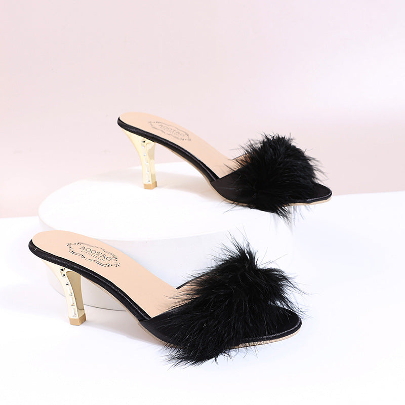 Damen schicke Pantoletten mit glamourösem Federdesign und elegantem Absatz WW