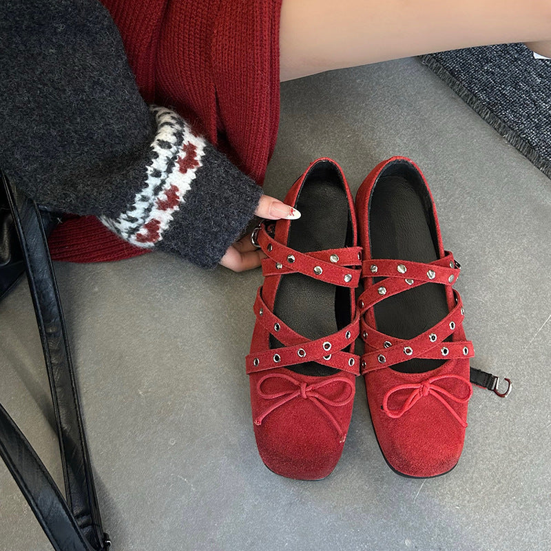 Damen Stylische Cross-Strap Ballerinas mit Dekorativem Bogen und Metallischen Akzenten WW