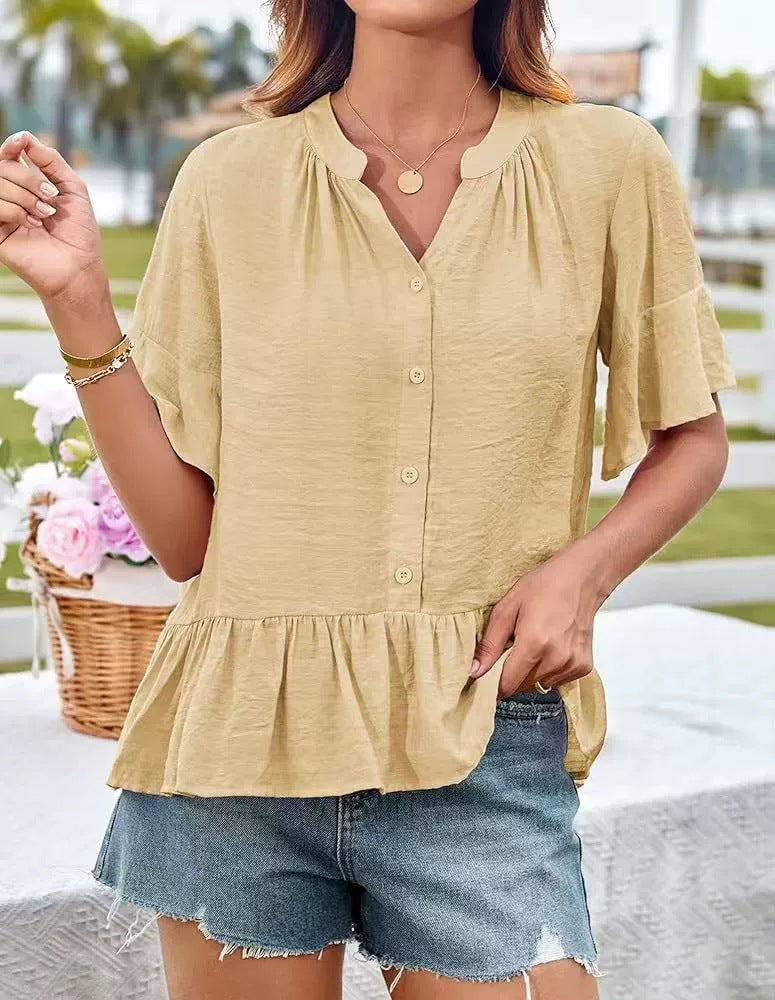 Damen Bluse mit Rüschensaum und Knopfdetails WW