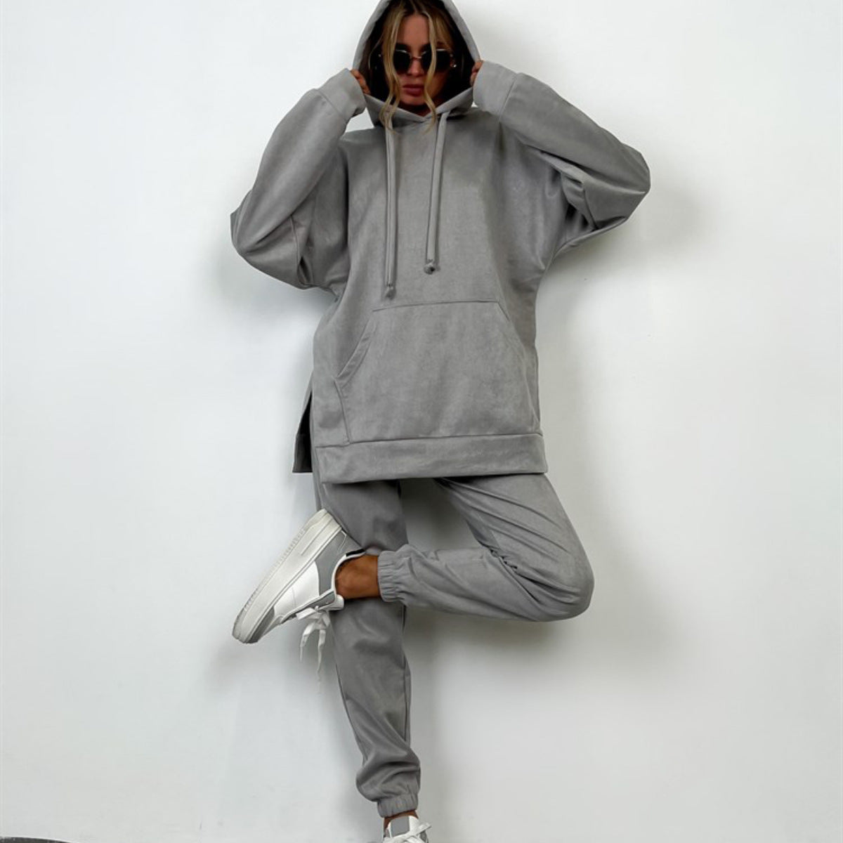 Damen sportliches Fleece-Lounge-Set mit übergroßem Hoodie und elastischen Hosen WW