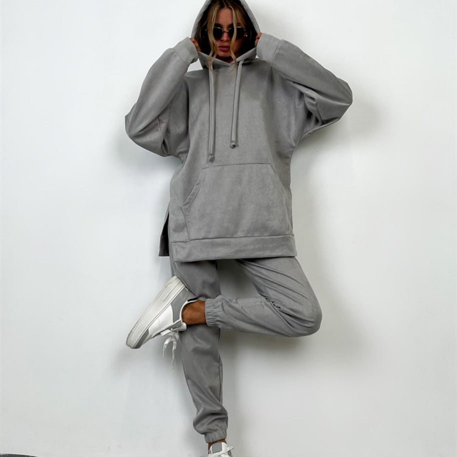 Damen sportliches Fleece-Lounge-Set mit übergroßem Hoodie und elastischen Hosen WW