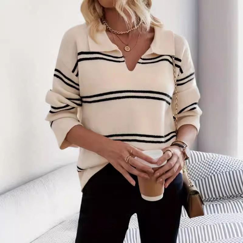 Damen Strickpullover mit V-Ausschnitt und Streifenmuster WW