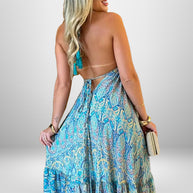 Damen Maxikleid im verspielten Boho-Stil mit tiefem V-Ausschnitt und schwingendem Rock WW