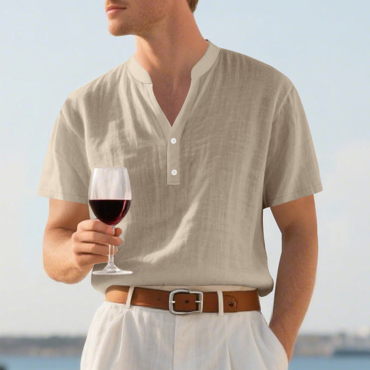 Herren nan sommerliches Nehru-Hemd aus Leinenmix mit kurzer Knopfleiste W&W Mode