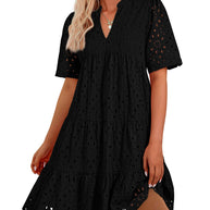 Damen luftiges Midikleid mit romantischem Lochmuster und V-Ausschnitt WW