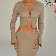 Damen Strick Set mit tiefem Ausschnitt und ausgestellten Ärmeln WW